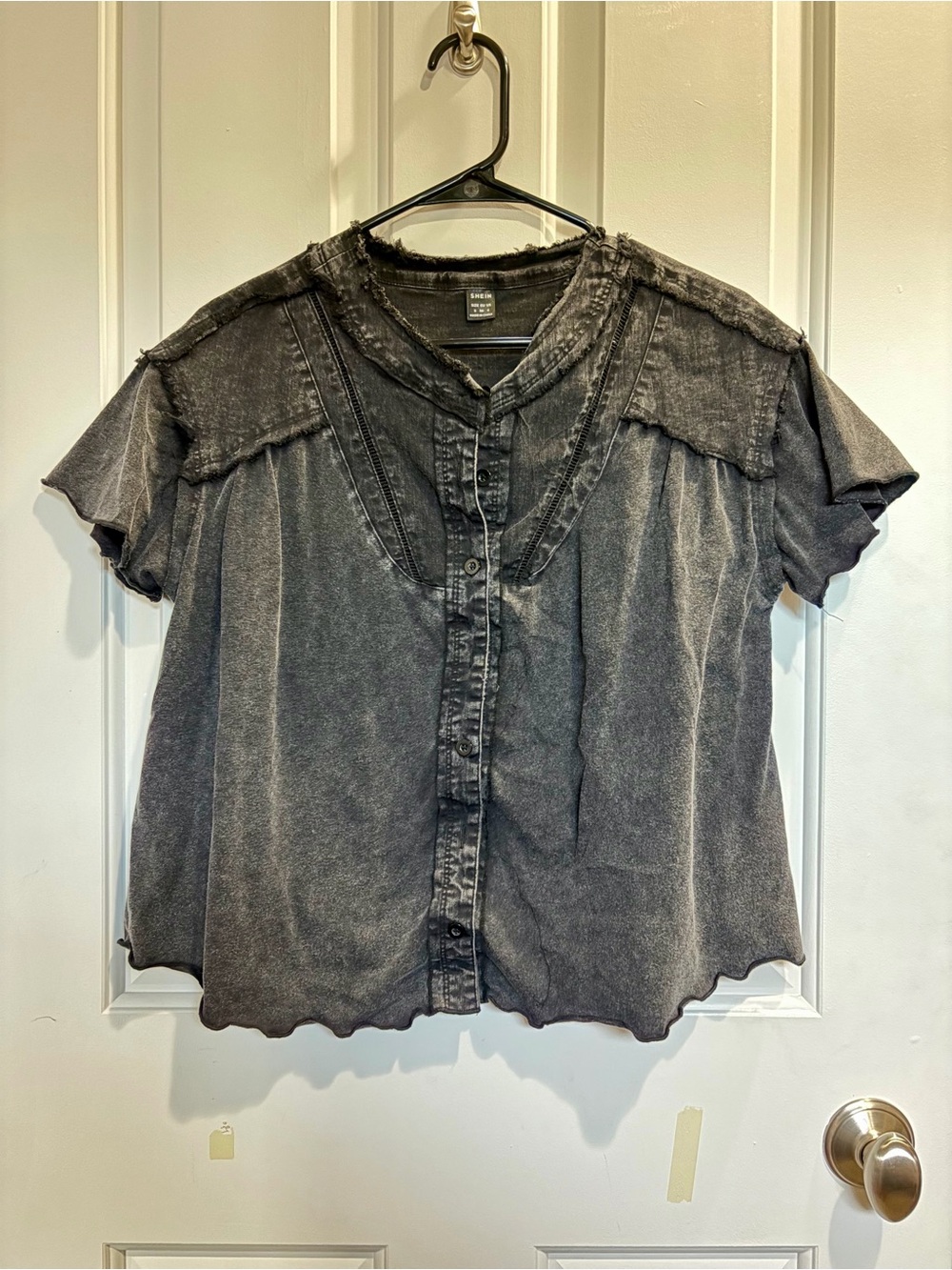 SHEIN Washed Black Short-Sleeve Button Front Women's Top